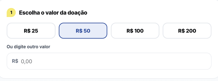 Passo 1 do checkout: valores sugeridos de R$ 25 a R$ 200 e campo para outro valor.