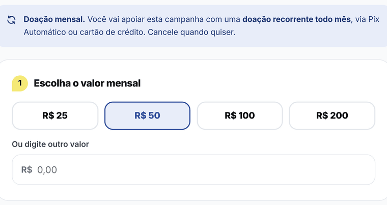 Checkout no modo mensal: aviso de doação recorrente por Pix Automático ou cartão e escolha do valor mensal.