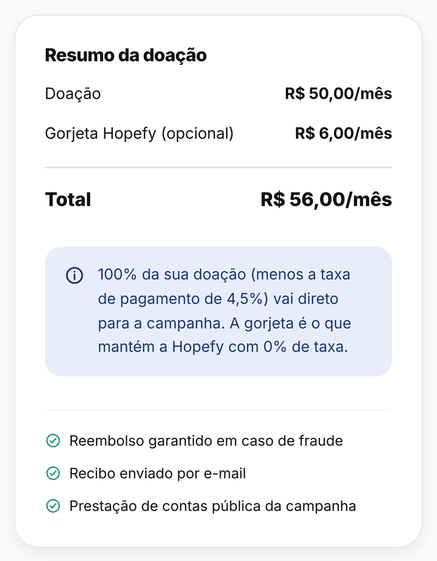 Checkout · resumo da doação com gorjeta