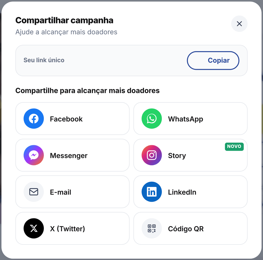 Janela de compartilhamento da campanha com Facebook, WhatsApp, Messenger, Story do Instagram, e-mail, LinkedIn, X e código QR.