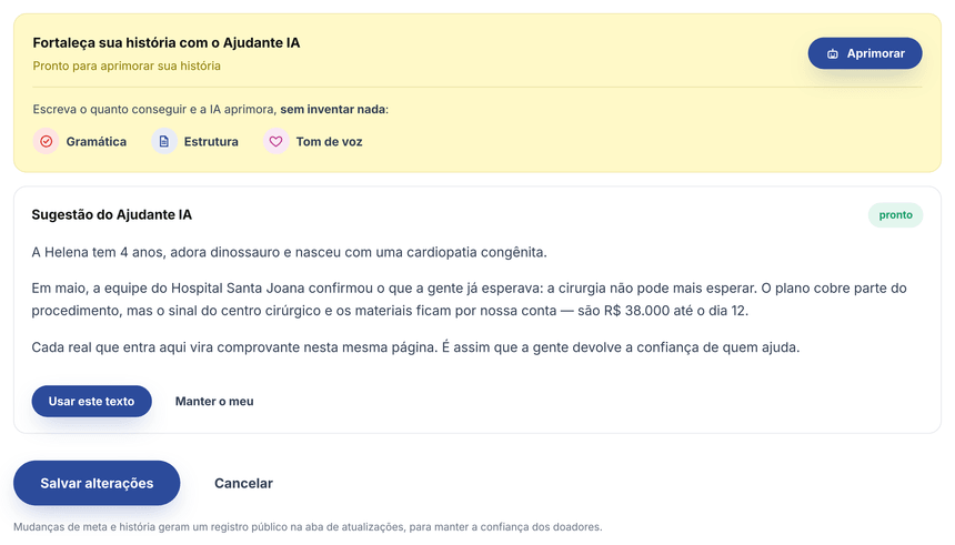 Caixa do Ajudante IA no editor de campanha, com a sugestão de história reescrita e os botões usar este texto ou manter o meu.